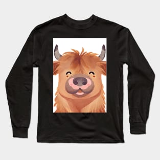 Cute Highland Cow Smiling Watercolor Painting Long Sleeve T-Shirt